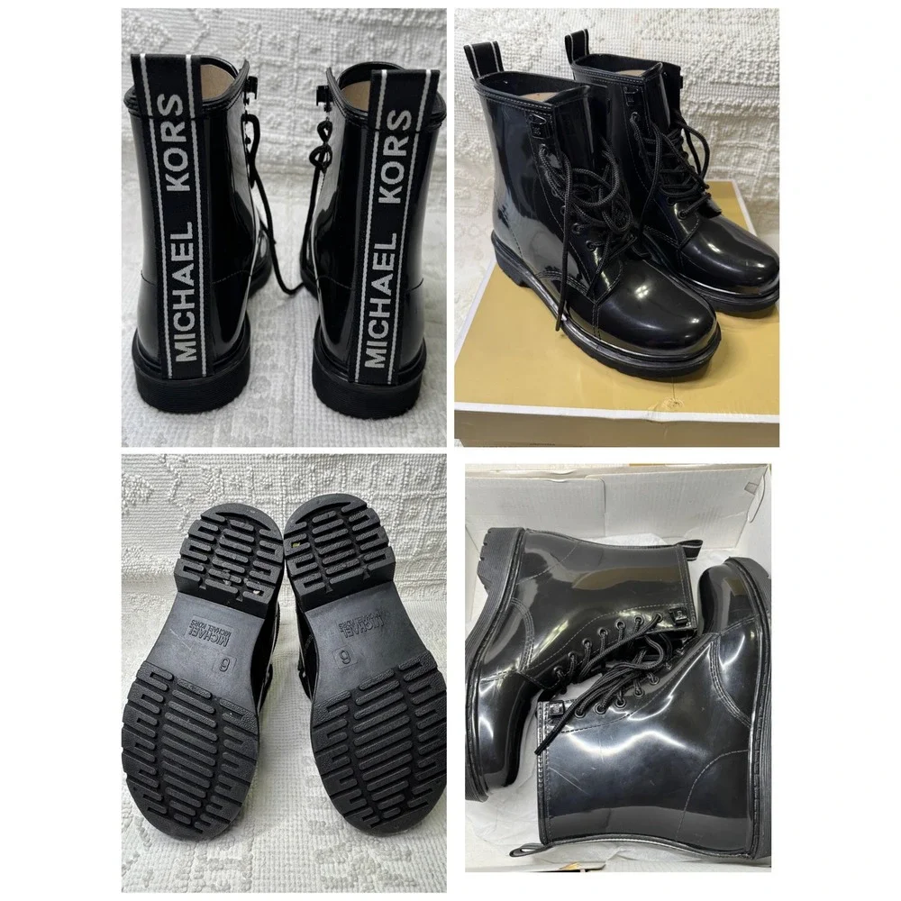 Michael Kors Tavie Rainbootie Combat Boot Black‎ Size 6 Logo Heel Lug Sole Edgy